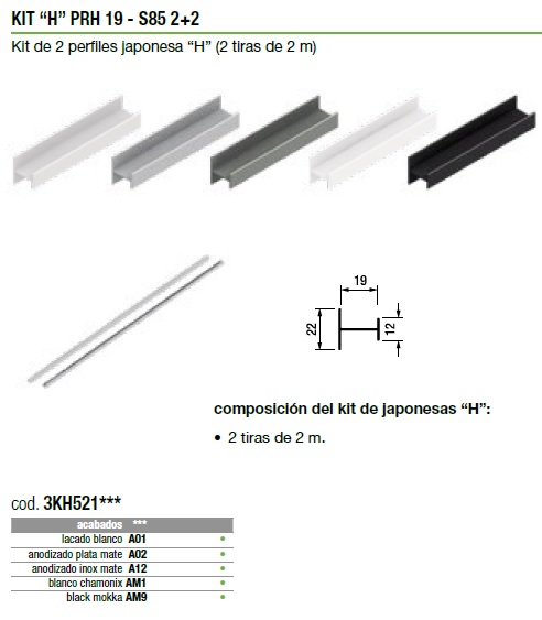 KIT ARMARIO 2 PERFIL SEPARADOR JAPONESA "H" PRH19 PLATA MATE 3KH521A02